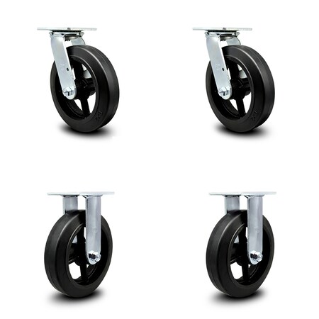 8 Inch Rubber On Steel Caster Set With Roller Bearings 2 Swivel 2 Rigid SCC